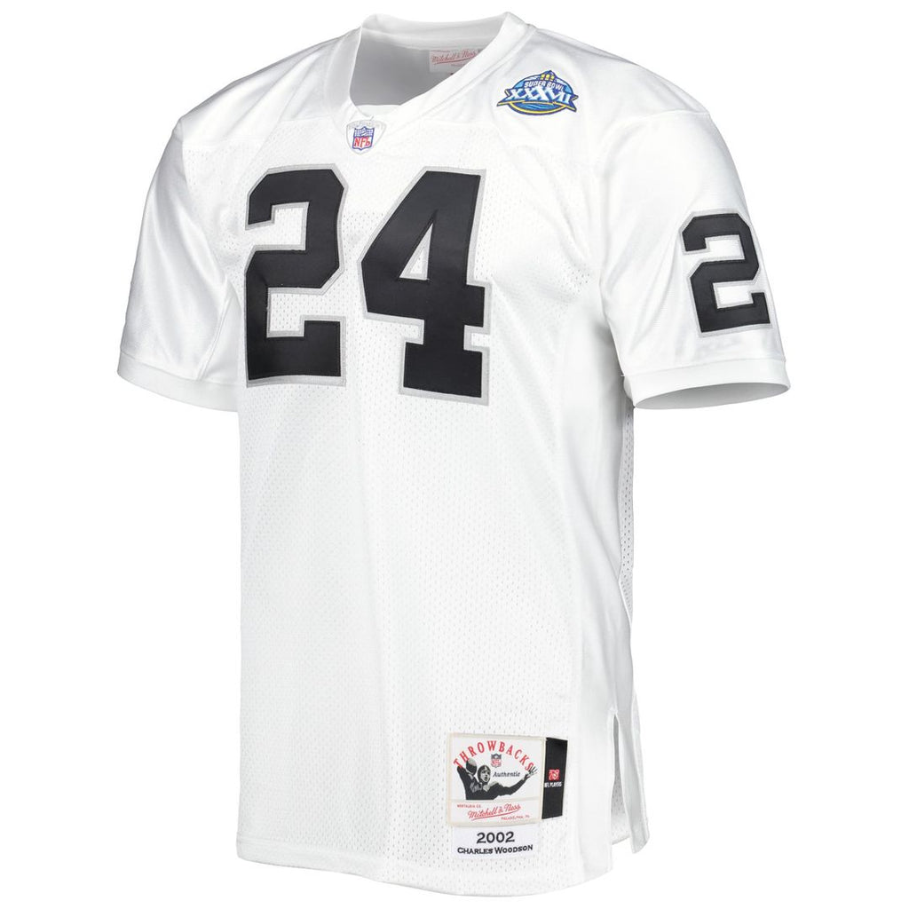 Men's Las Vegas Raiders 2002 Charles Woodson Mitchell & Ness White Authentic Throwback Retired Player Jersey