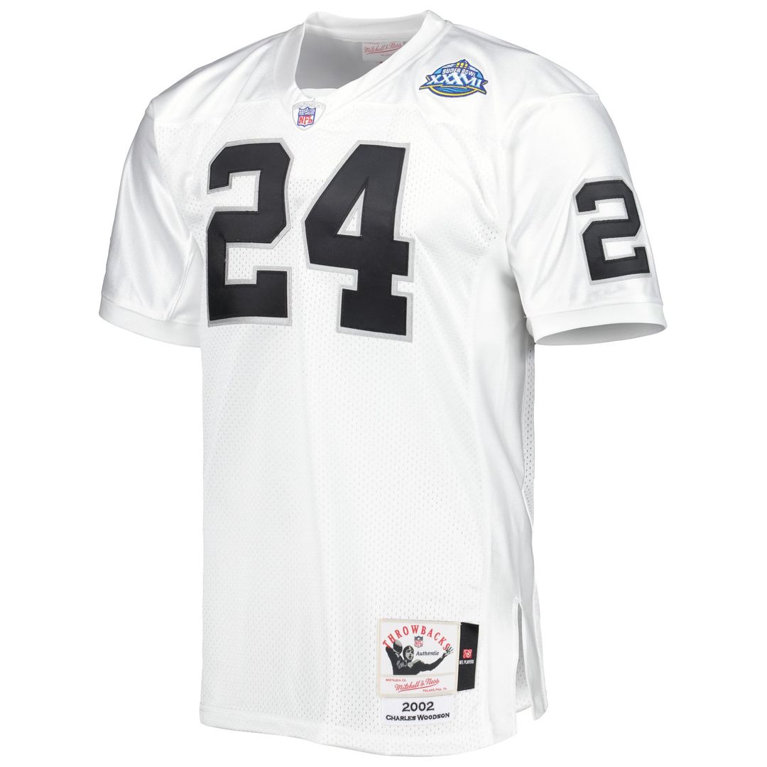 Men's Las Vegas Raiders 2002 Charles Woodson Mitchell & Ness White Authentic Throwback Retired Player Jersey