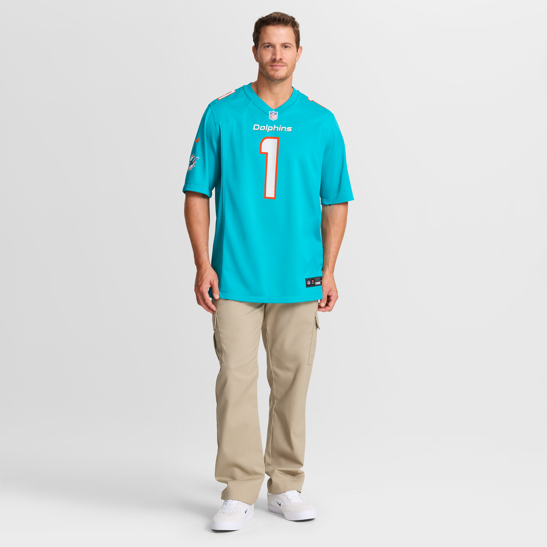Men's Miami Dolphins Number 1 Groom Nike Aqua Game Jersey